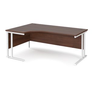 Maestro 25 left hand ergonomic desk 1800mm wide - white cantilever leg frame, walnut top