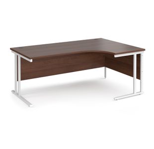 Maestro 25 right hand ergonomic desk 1800mm wide - white cantilever leg frame, walnut top