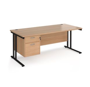 Maestro 25 straight desk 1800mm x 800mm with 2 drawer pedestal - black cantilever leg frame, beech top