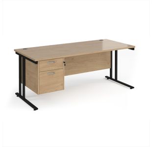 Maestro 25 straight desk 1800mm x 800mm with 2 drawer pedestal - black cantilever leg frame, Kendal oak top