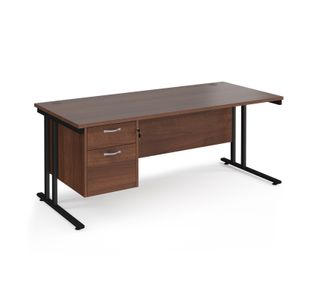 Maestro 25 straight desk 1800mm x 800mm with 2 drawer pedestal - black cantilever leg frame, walnut top