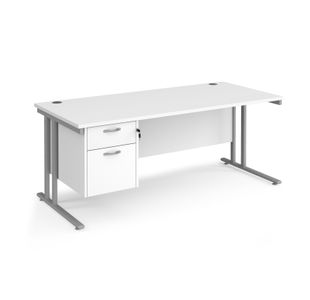 Maestro 25 straight desk 1800mm x 800mm with 2 drawer pedestal - silver cantilever leg frame, white top