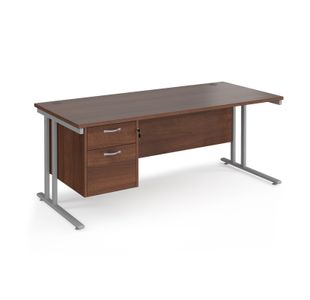 Maestro 25 straight desk 1800mm x 800mm with 2 drawer pedestal - silver cantilever leg frame, walnut top