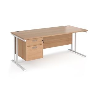 Maestro 25 straight desk 1800mm x 800mm with 2 drawer pedestal - white cantilever leg frame, beech top