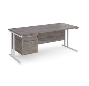 Maestro 25 straight desk 1800mm x 800mm with 2 drawer pedestal - white cantilever leg frame, grey oak top