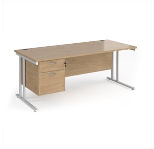 Maestro 25 straight desk 1800mm x 800mm with 2 drawer pedestal - white cantilever leg frame, Kendal oak top