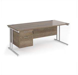 Maestro 25 straight desk 1800mm x 800mm with 2 drawer pedestal - white cantilever leg frame, Nebraska oak top