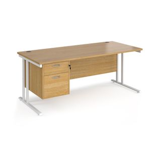 Maestro 25 straight desk 1800mm x 800mm with 2 drawer pedestal - white cantilever leg frame, oak top