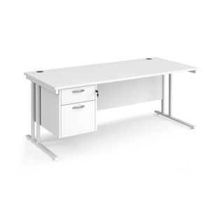 Maestro 25 straight desk 1800mm x 800mm with 2 drawer pedestal - white cantilever leg frame, white top