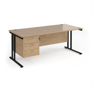 Maestro 25 straight desk 1800mm x 800mm with 3 drawer pedestal - black cantilever leg frame, Kendal oak top