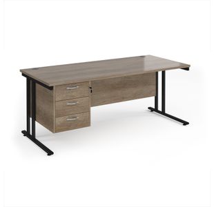 Maestro 25 straight desk 1800mm x 800mm with 3 drawer pedestal - black cantilever leg frame, Nebraska oak top