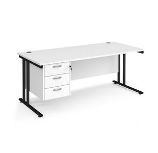 Maestro 25 straight desk 1800mm x 800mm with 3 drawer pedestal - black cantilever leg frame, white top