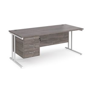 Maestro 25 straight desk 1800mm x 800mm with 3 drawer pedestal - white cantilever leg frame, grey oak top