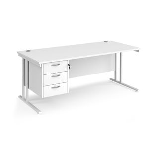 Maestro 25 straight desk 1800mm x 800mm with 3 drawer pedestal - white cantilever leg frame, white top