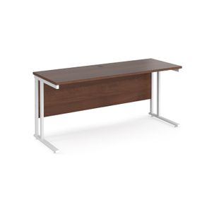 Maestro 25 straight desk 1600mm x 600mm - white cantilever leg frame, walnut top