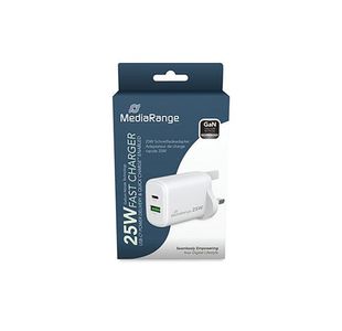 MediaRange GaN Fast Charging Adapter UK Plug 1xUSB-C and 1xUSB-A 25W White MRMA112-UK
