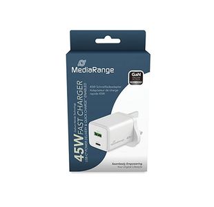 MediaRange GaN Fast Charging Adapter UK Plug 1xUSB-C and 1xUSB-A 45W White MRMA113-UK