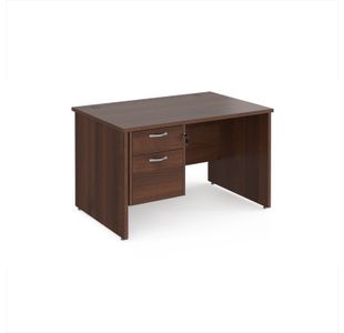 Maestro 25 straight desk 1200mm x 800mm with 2 drawer pedestal - walnut top with panel end leg
