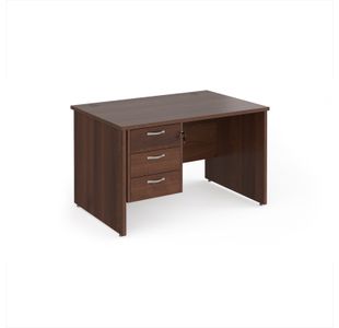 Maestro 25 straight desk 1200mm x 800mm with 3 drawer pedestal - walnut top with panel end leg