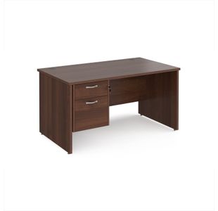 Maestro 25 straight desk 1400mm x 800mm with 2 drawer pedestal - walnut top with panel end leg
