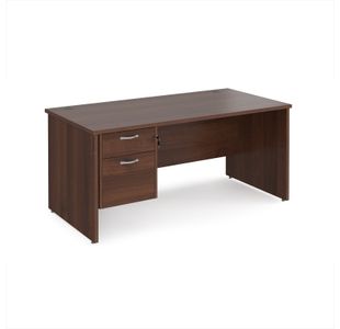Maestro 25 straight desk 1600mm x 800mm with 2 drawer pedestal - walnut top with panel end leg