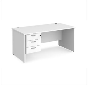 Maestro 25 straight desk 1600mm x 800mm with 3 drawer pedestal - white top with panel end leg