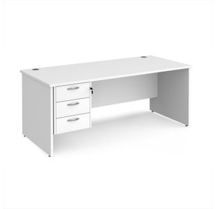 Maestro 25 straight desk 1800mm x 800mm with 3 drawer pedestal - white top with panel end leg