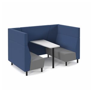 Muse 4 person fabric booth with white table, black legs and upholstered in grey seats with blue backs and infill
