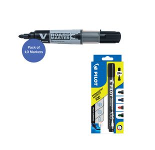 Pilot V-Board Master Bullet Tip Medium Black (Pack of 10) + FOC Assorted Markers