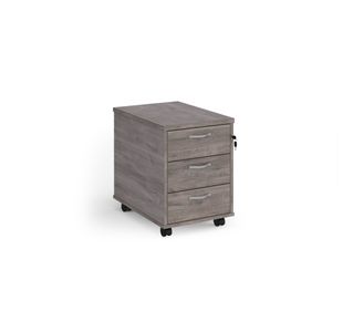 Mobile 3 drawer pedestal with silver handles 600mm deep - grey oak