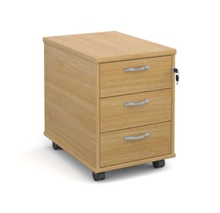 Mobile 3 drawer pedestal with silver handles 600mm deep - oak