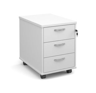 Mobile 3 drawer pedestal with silver handles 600mm deep - white