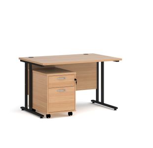 Maestro 25 straight desk 1200mm x 800mm with black cantilever frame and 2 drawer pedestal - beech