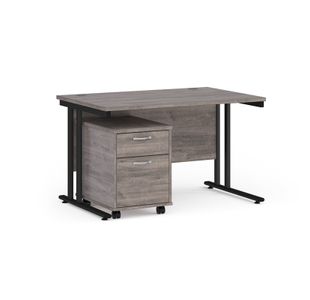 Maestro 25 straight desk 1200mm x 800mm with black cantilever frame and 2 drawer pedestal - grey oak