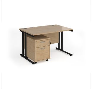 Maestro 25 straight desk 1200mm x 800mm with black cantilever frame and 2 drawer pedestal - Kendal Oak