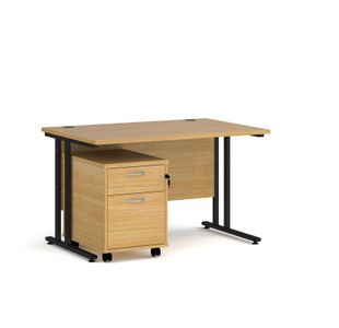 Maestro 25 straight desk 1200mm x 800mm with black cantilever frame and 2 drawer pedestal - oak
