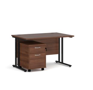Maestro 25 straight desk 1200mm x 800mm with black cantilever frame and 2 drawer pedestal - walnut