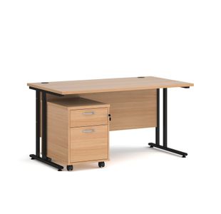 Maestro 25 straight desk 1400mm x 800mm with black cantilever frame and 2 drawer pedestal - beech