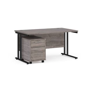 Maestro 25 straight desk 1400mm x 800mm with black cantilever frame and 2 drawer pedestal - grey oak