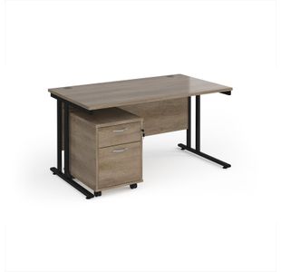 Maestro 25 straight desk 1400mm x 800mm with black cantilever frame and 2 drawer pedestal - Nebraska Oak