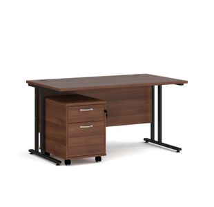 Maestro 25 straight desk 1400mm x 800mm with black cantilever frame and 2 drawer pedestal - walnut