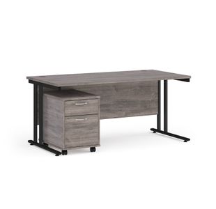 Maestro 25 straight desk 1600mm x 800mm with black cantilever frame and 2 drawer pedestal - grey oak