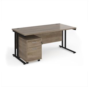 Maestro 25 straight desk 1600mm x 800mm with black cantilever frame and 2 drawer pedestal - Nebraska Oak