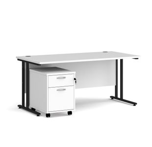 Maestro 25 straight desk 1600mm x 800mm with black cantilever frame and 2 drawer pedestal - white