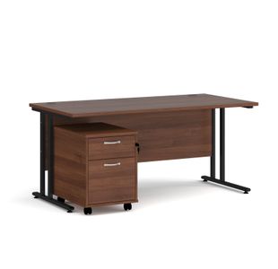 Maestro 25 straight desk 1600mm x 800mm with black cantilever frame and 2 drawer pedestal - walnut