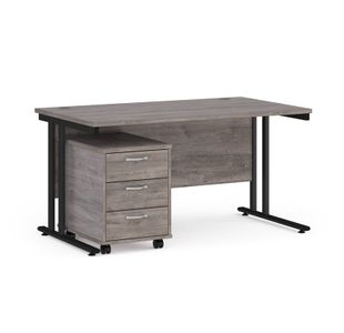 Maestro 25 straight desk 1400mm x 800mm with black cantilever frame and 3 drawer pedestal - grey oak
