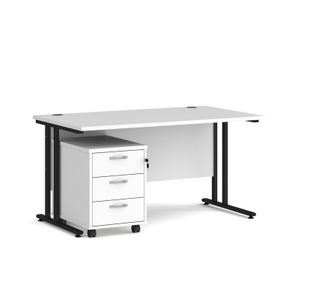 Maestro 25 straight desk 1400mm x 800mm with black cantilever frame and 3 drawer pedestal - white