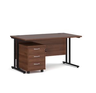 Maestro 25 straight desk 1400mm x 800mm with black cantilever frame and 3 drawer pedestal - walnut