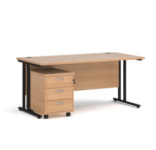 Maestro 25 straight desk 1600mm x 800mm with black cantilever frame and 3 drawer pedestal - beech