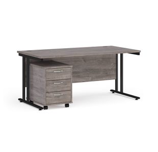 Maestro 25 straight desk 1600mm x 800mm with black cantilever frame and 3 drawer pedestal - grey oak